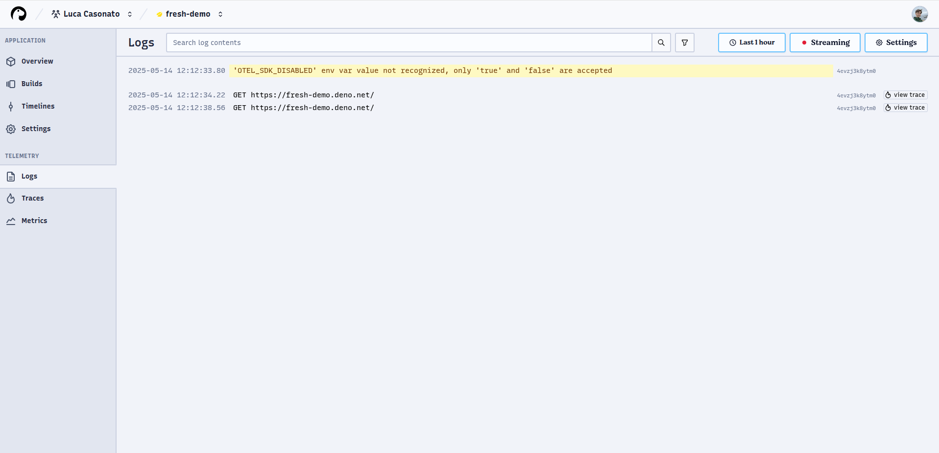 Screenshot of the Logs page